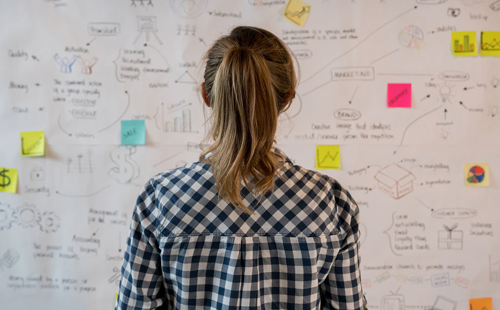 Female student looking at whiteboard of ideas and post it notes