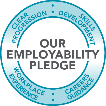 A picture of Kirklees College employability pledge and the foundations of Skills Development, Clear Progression, Workplace experience & careers guidance