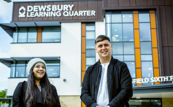 Two Kirklees students stood outside Dewsbury Learning Quarter