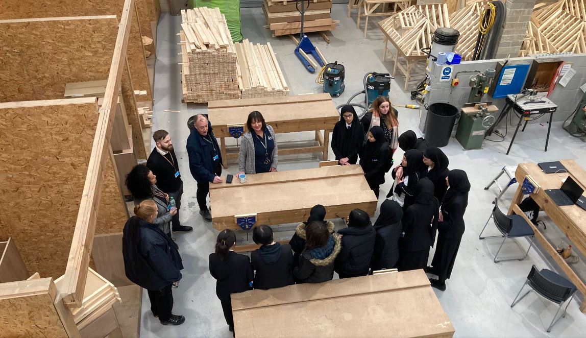 Students talk to staff and employers about construction at Brunel Construction centre.