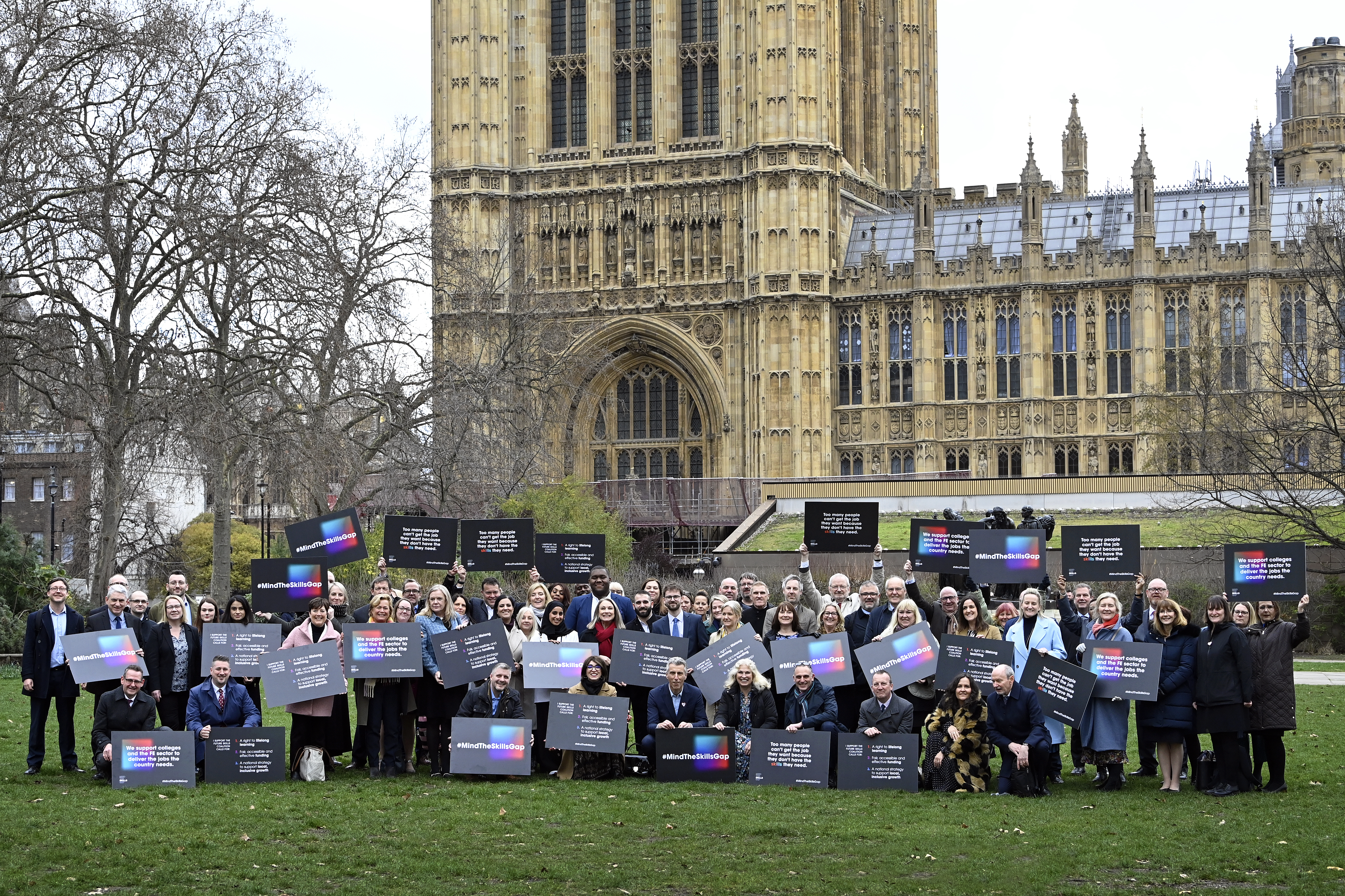 Teachers and leaders from west Yorkshire colleges gather outside Parliament in support of the AoC Mind the Skills Gap campaign.