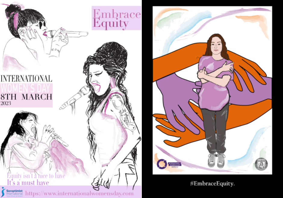 Edie Berryman's International Women's Day poster on the left, depicting 3 female musicians. Katie Brennan's winning design on the right, depicting a woman standing in front of embracing hands.