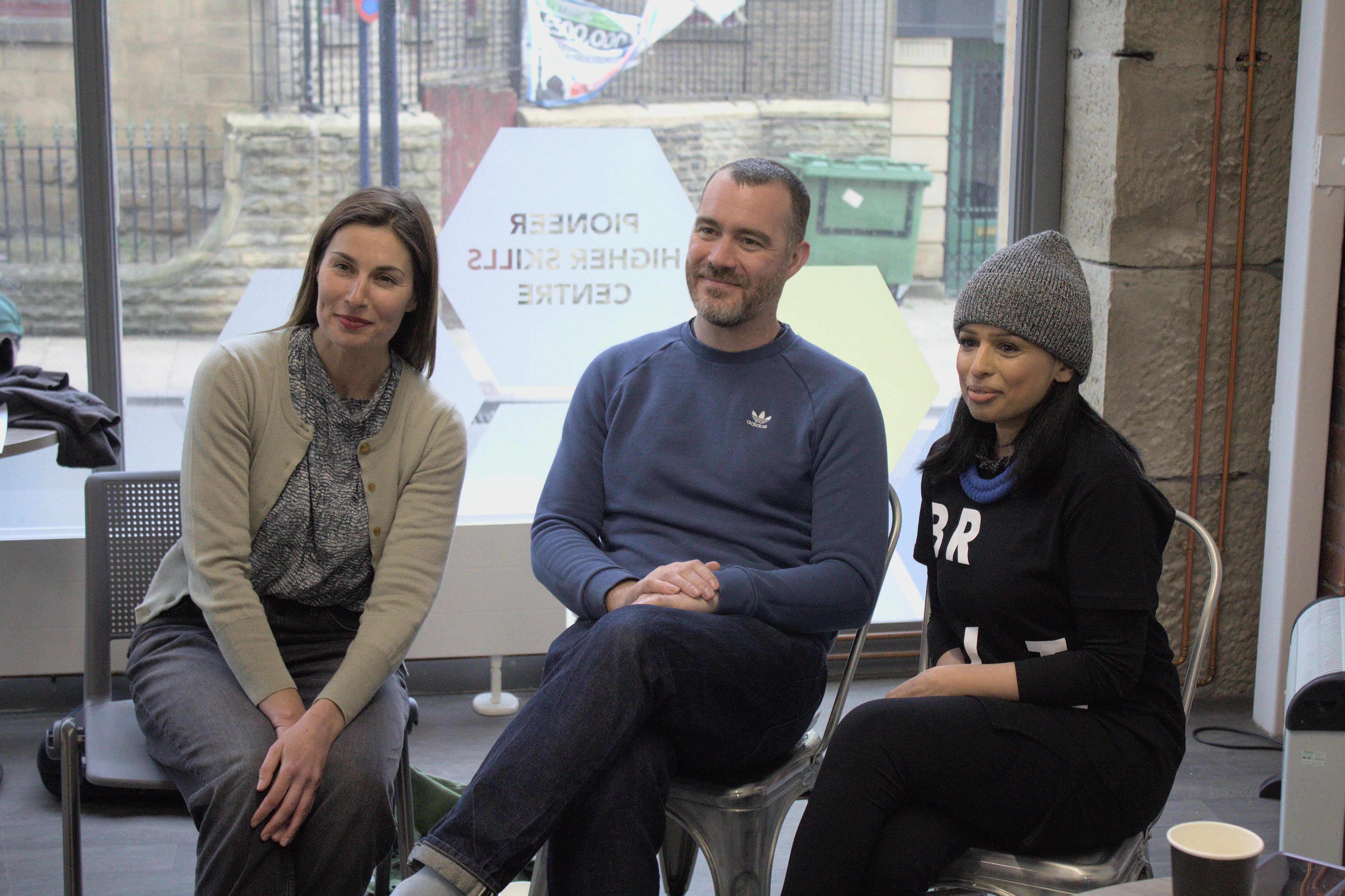 Left to right: Emmeline North, Zac Eastwood-Bloom and Saba Rifat, the artists talking at Pioneer Higher Skills Centre.