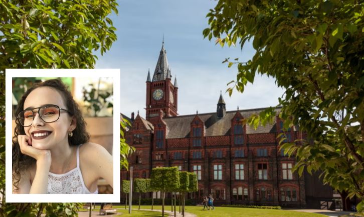 Photo of student Edith Adam smiling in a photo frame which has been photoshopped onto a photo of the University of Liverpool