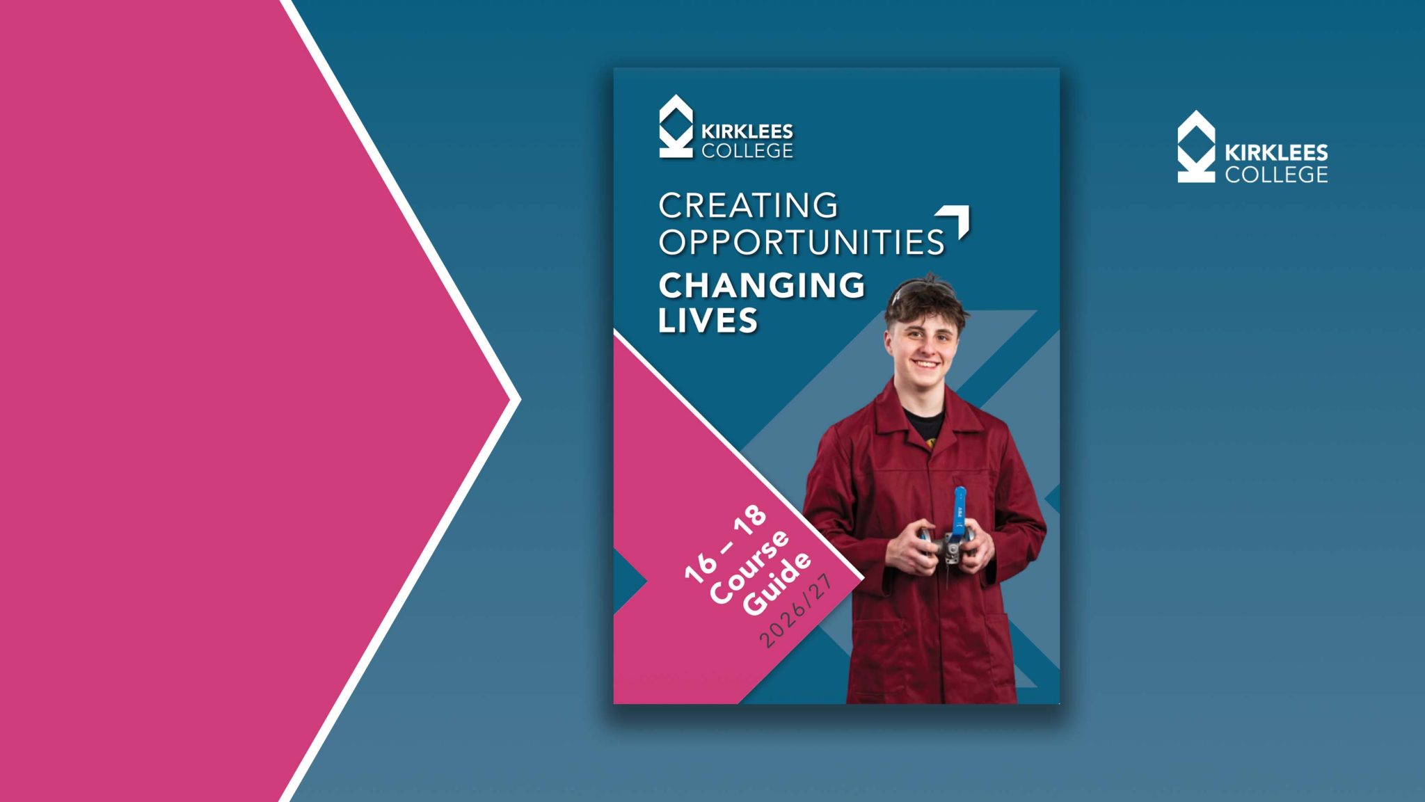 College course guide cover featuring a student in a red uniform holding tools