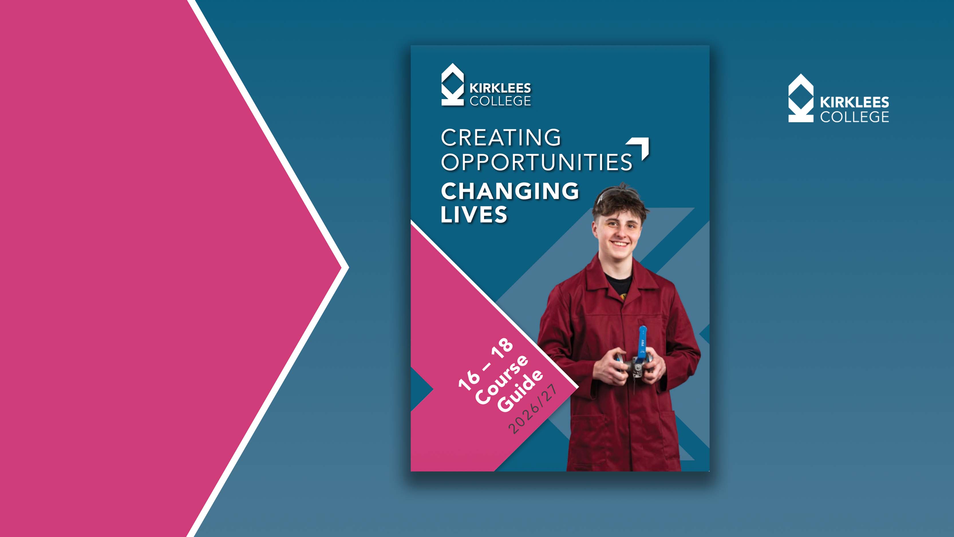 College course guide cover featuring a student in a red uniform holding tools