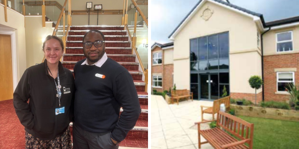 Collage of staff members and picture of care home