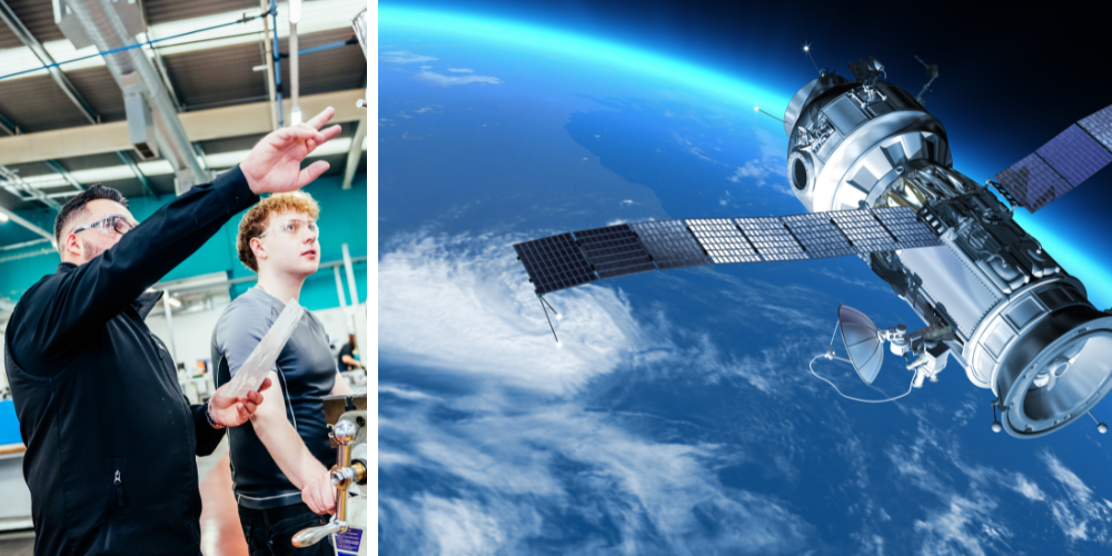 Collage of staff, student and satellite