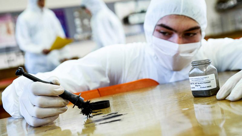 a young male working in a science lab testing swabs