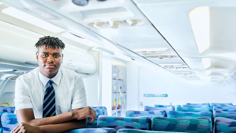 A young student inside the purpose built aircraft carrier simulator at Kirklees College Huddersfield Centre